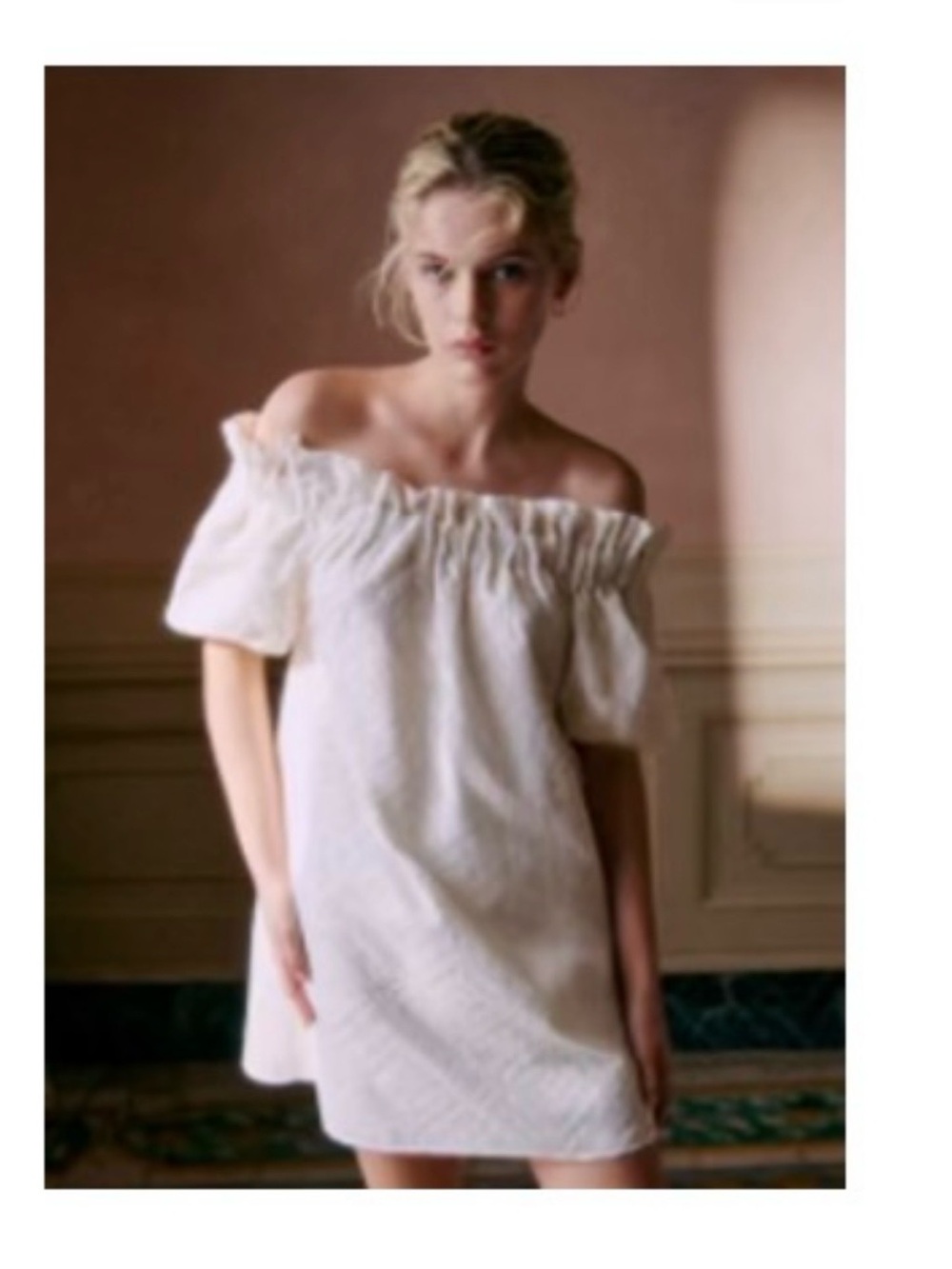 Sezane Off-Shoulder Mini Dress in Light Cream Rosita Dress